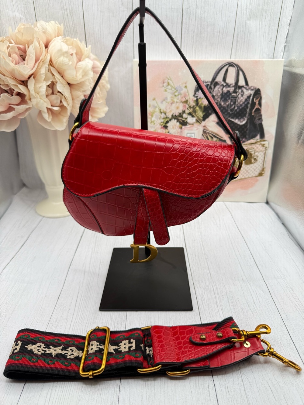 Red Croc-Embossed Saddle Shoulder Bag with Decorative Strap